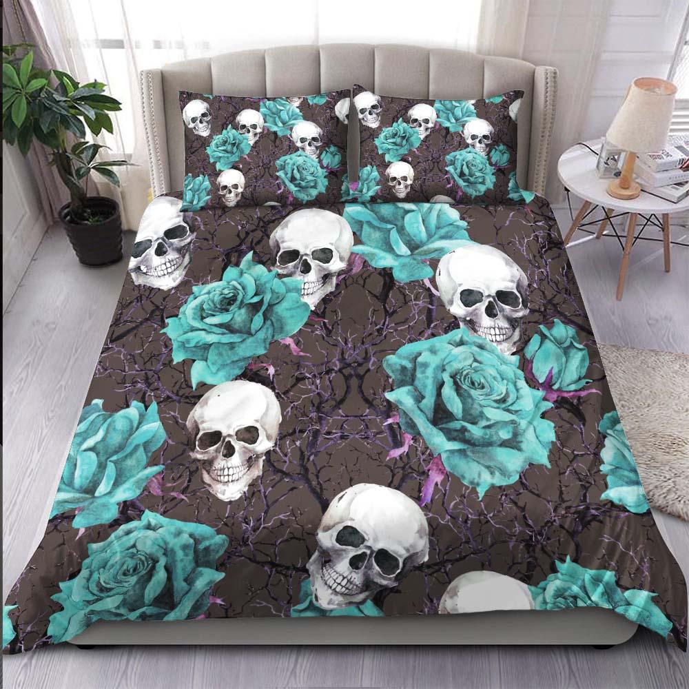 Skull Cyan Rose Gray Duvet Cover Set - Wonder Skull