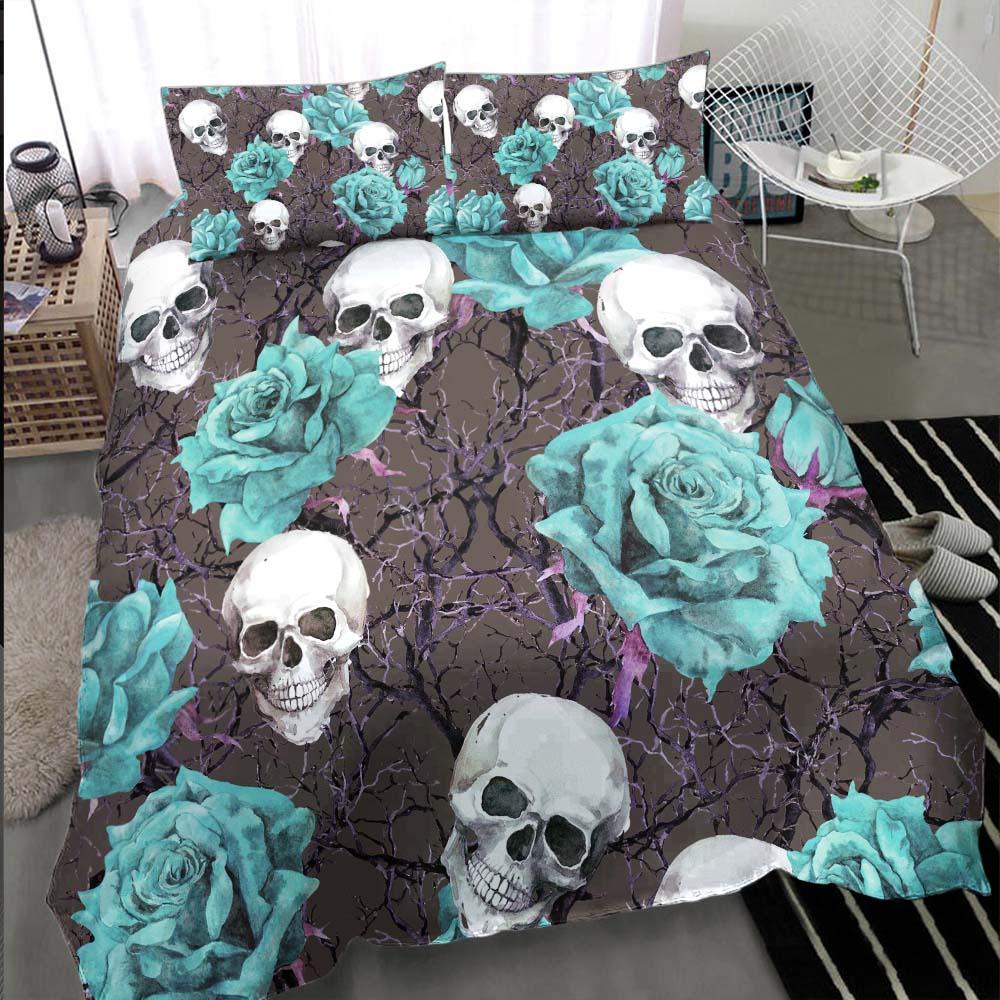 Skull Cyan Rose Gray Duvet Cover Set - Wonder Skull