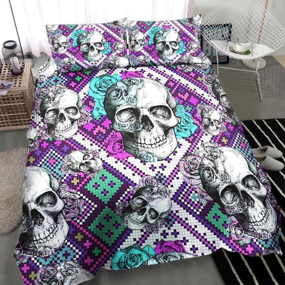 Skull Cyan Rose Pixel Duvet Cover Set - Wonder Skull