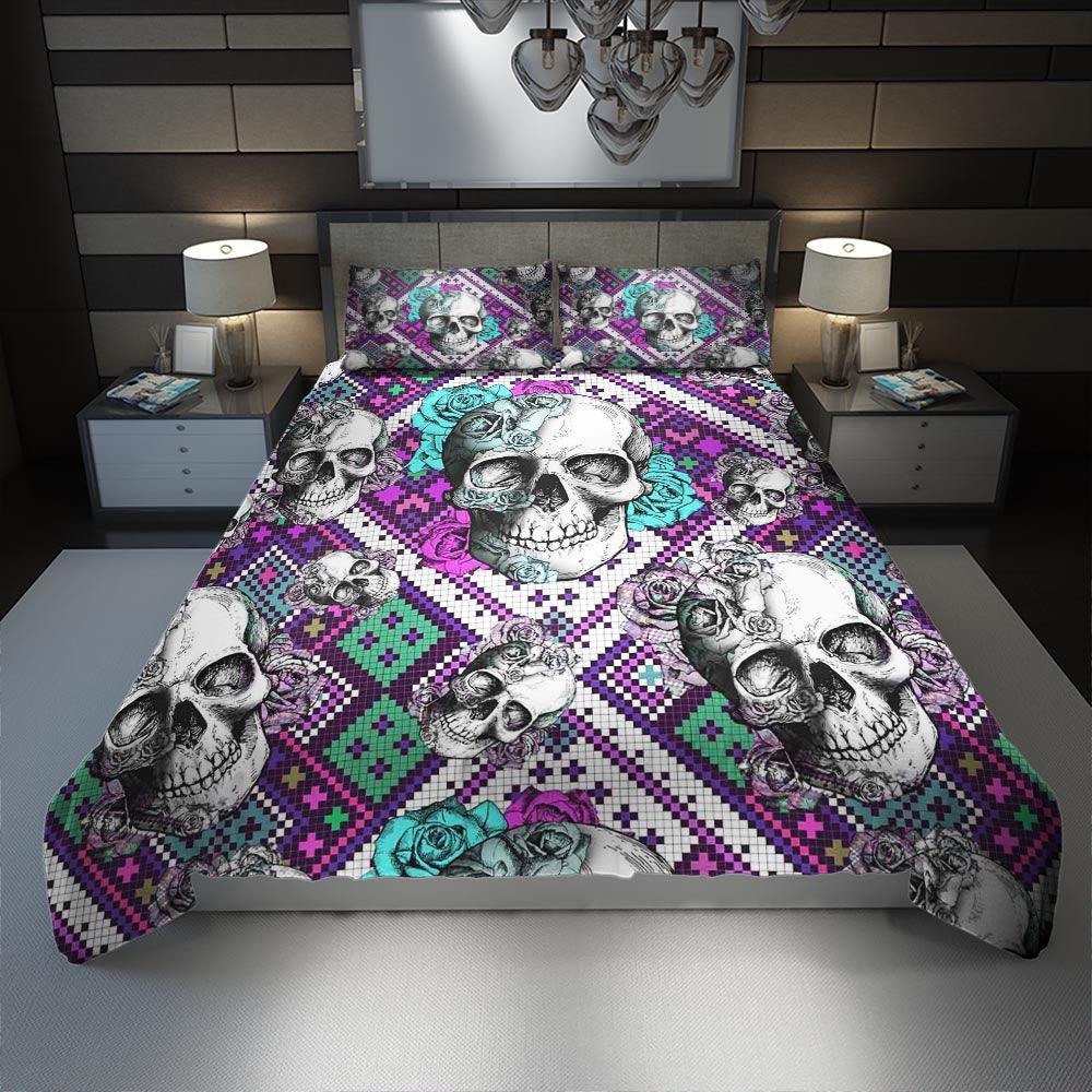 Skull Cyan Rose Pixel Duvet Cover Set - Wonder Skull