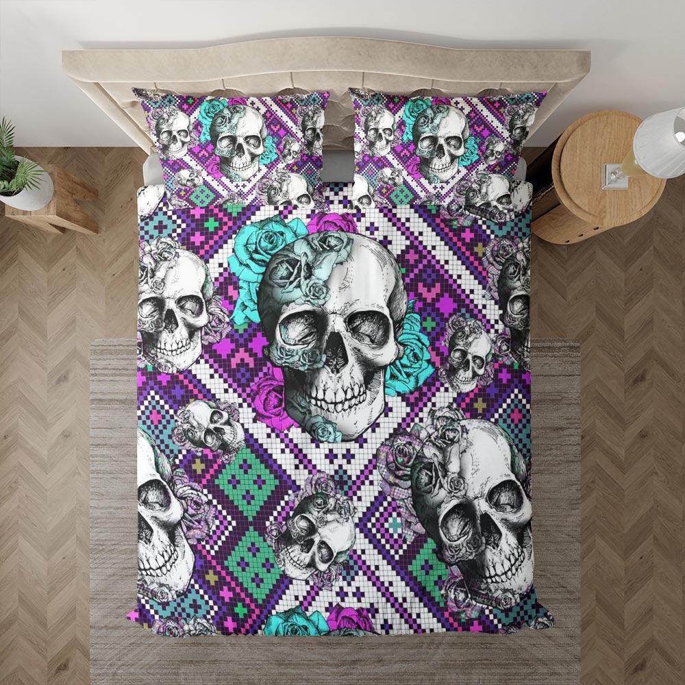 Skull Cyan Rose Pixel Duvet Cover Set - Wonder Skull