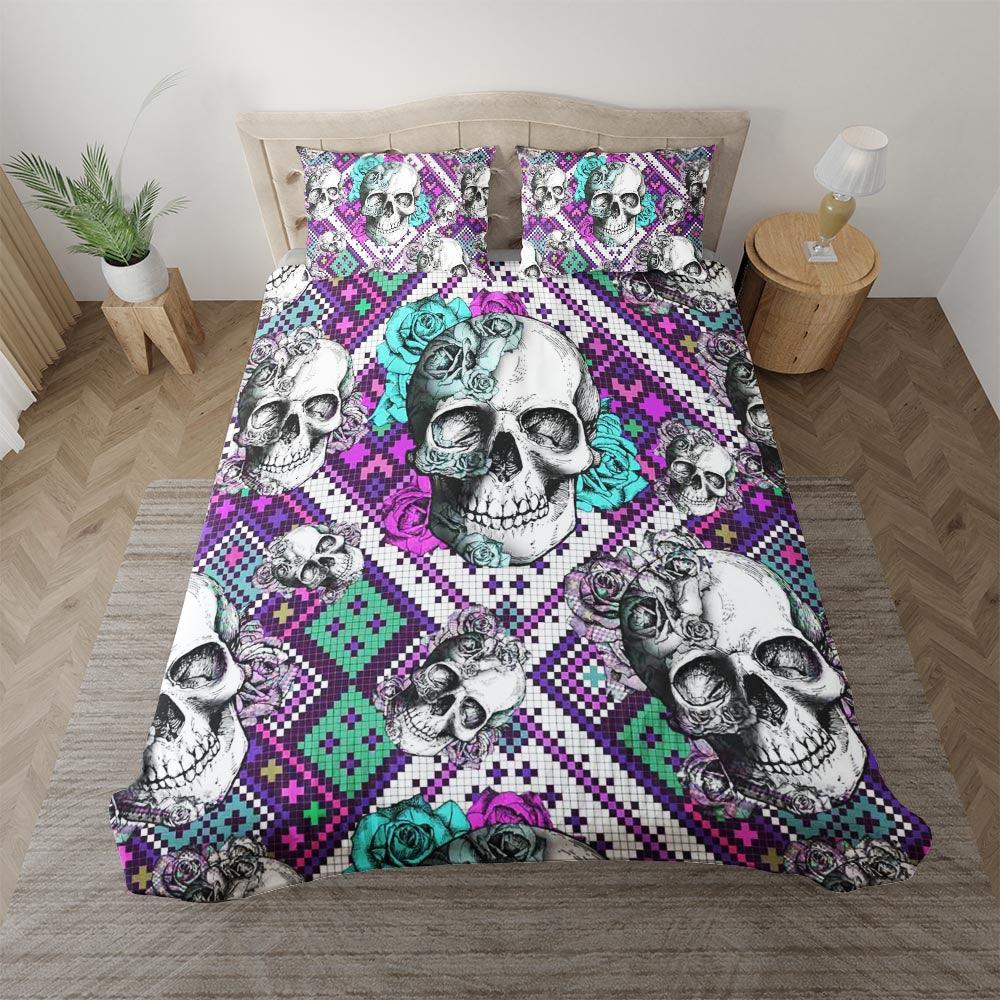 Skull Cyan Rose Pixel Duvet Cover Set - Wonder Skull