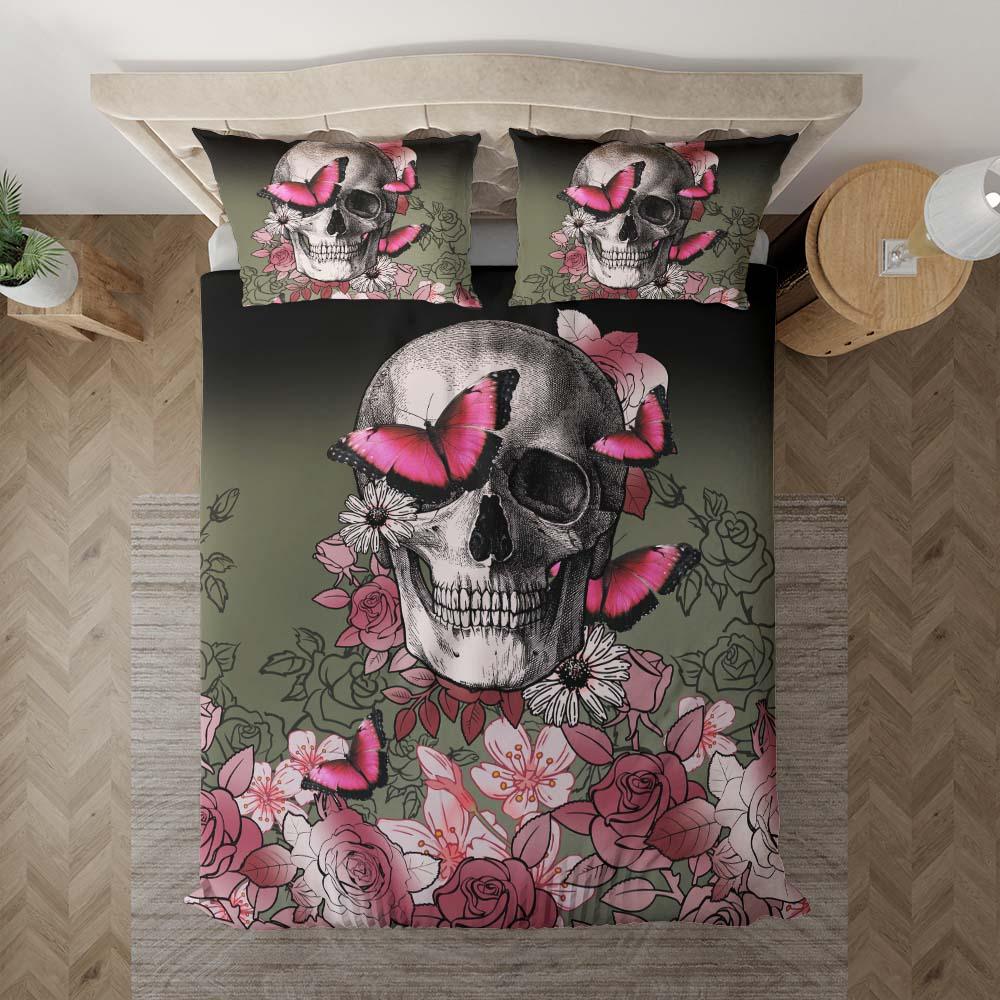 Skull Pink Rose And Butterfly Duvet Cover Set - Wonder Skull