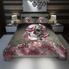 Skull Pink Rose And Butterfly Duvet Cover Set - Wonder Skull