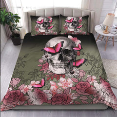 Skull Pink Rose And Butterfly Duvet Cover Set - Wonder Skull