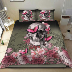 Skull Pink Rose And Butterfly Duvet Cover Set - Wonder Skull