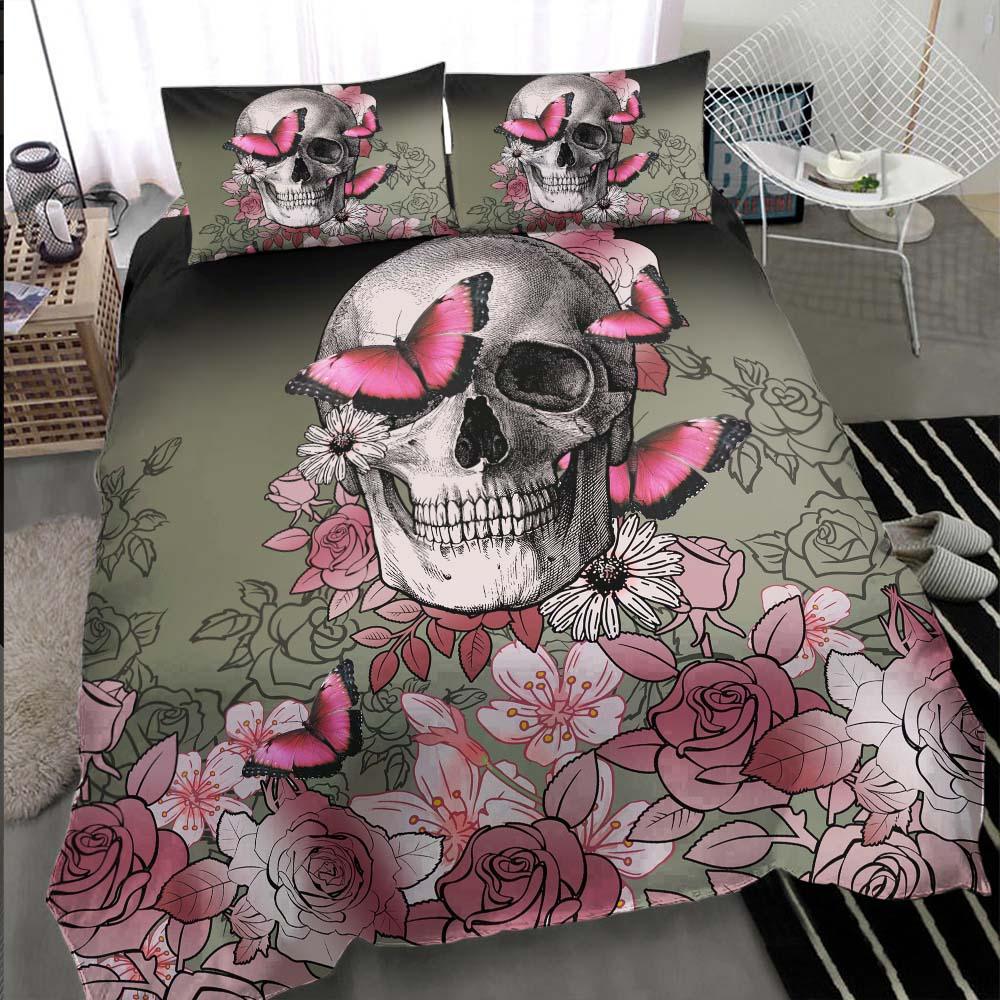 Skull Pink Rose And Butterfly Duvet Cover Set - Wonder Skull