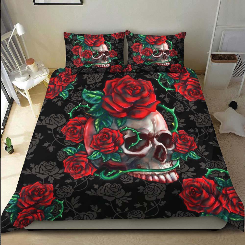 Skull Red Rose Art Duvet Cover Set - Wonder Skull