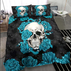 Skull Snake With Cyan Roses Duvet Cover Set - Wonder Skull