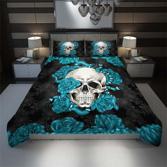 Skull Snake With Cyan Roses Duvet Cover Set - Wonder Skull