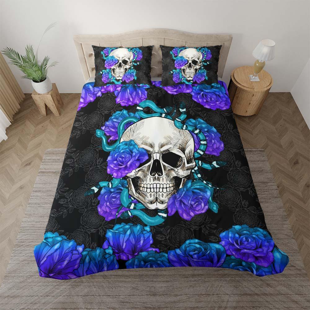 Skull Snake With Violet Gradient Roses Duvet Cover Set - Wonder Skull