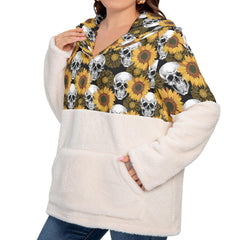 Skull Sunflower Borg Fleece Hoodie With Half Zip - Wonder Skull