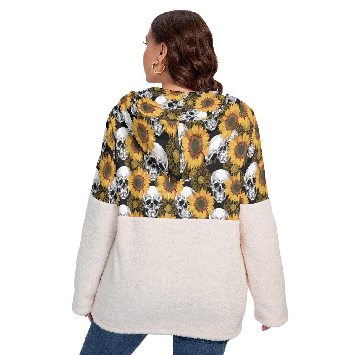 Skull Sunflower Borg Fleece Hoodie With Half Zip - Wonder Skull