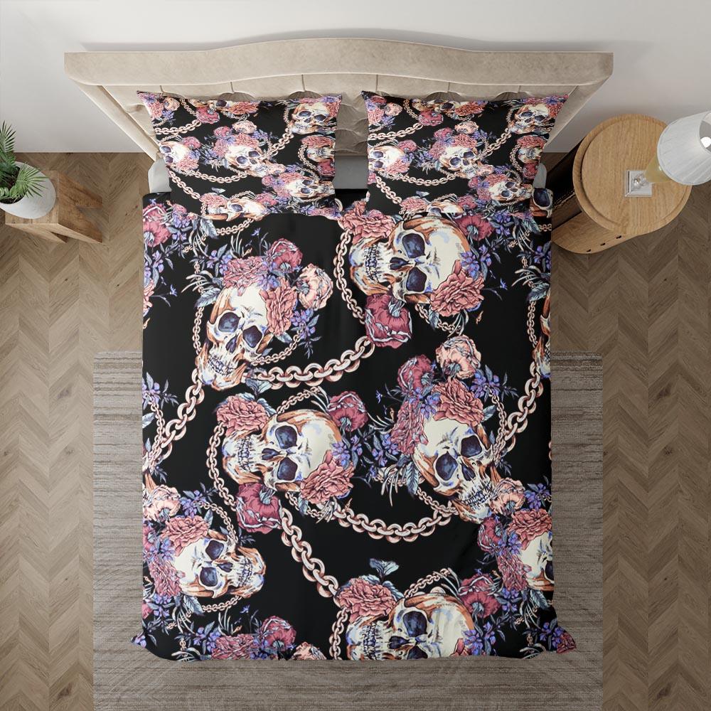 Skull With Chain And Wildflowers Duvet Cover Set - Wonder Skull