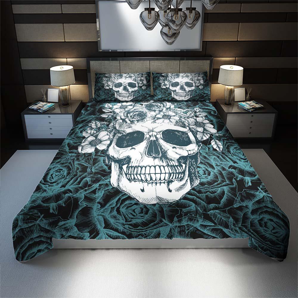 Skull With Light Cyan Rose Pattern Duvet Cover Set - Wonder Skull