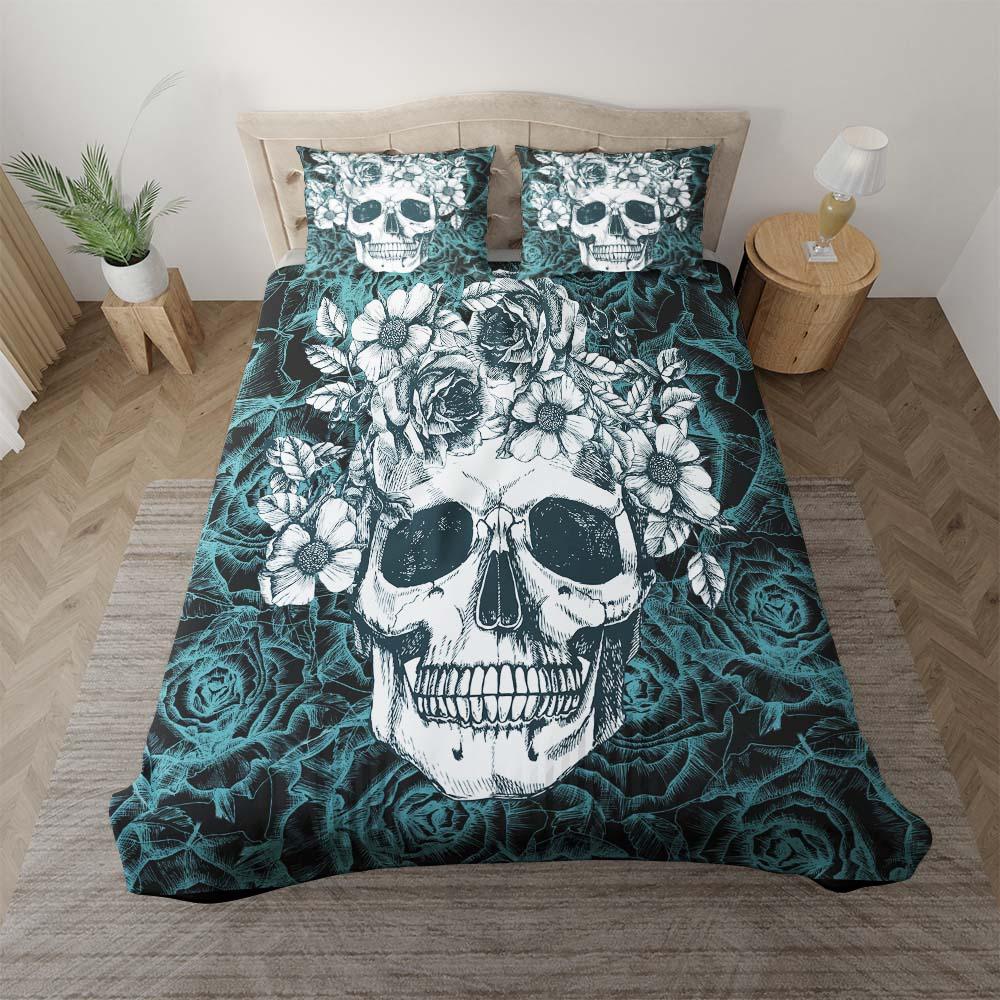 Skull With Light Cyan Rose Pattern Duvet Cover Set - Wonder Skull