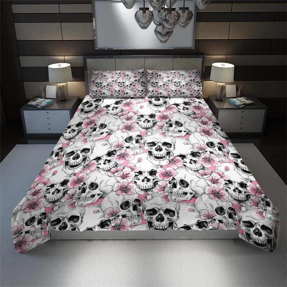 Skull With Pink Blossom Pattern Duvet Cover Set - Wonder Skull