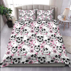 Skull With Pink Blossom Pattern Duvet Cover Set - Wonder Skull