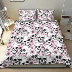 Skull With Pink Blossom Pattern Duvet Cover Set - Wonder Skull