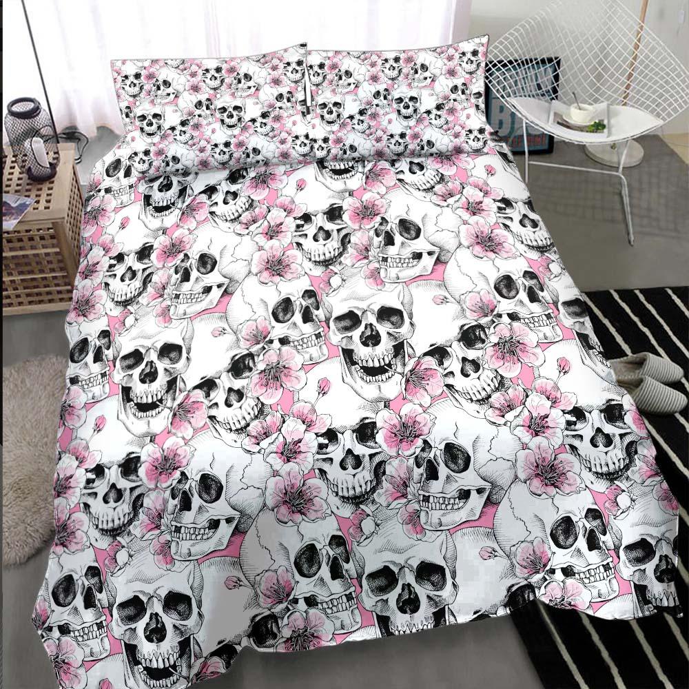 Skull With Pink Blossom Pattern Duvet Cover Set - Wonder Skull