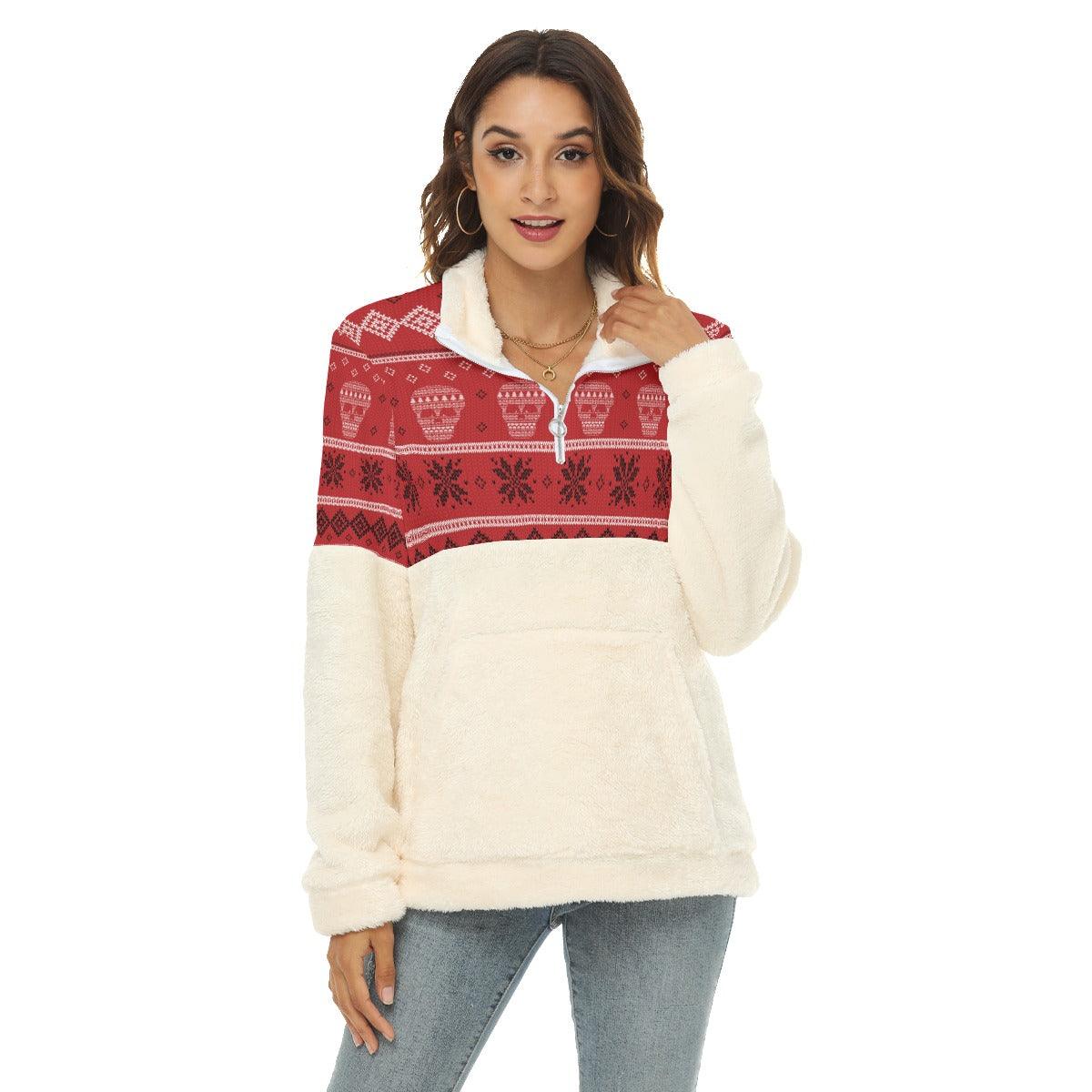 Snow Flare Skull Borg Fleece Sweatshirt With Half Zip - Wonder Skull