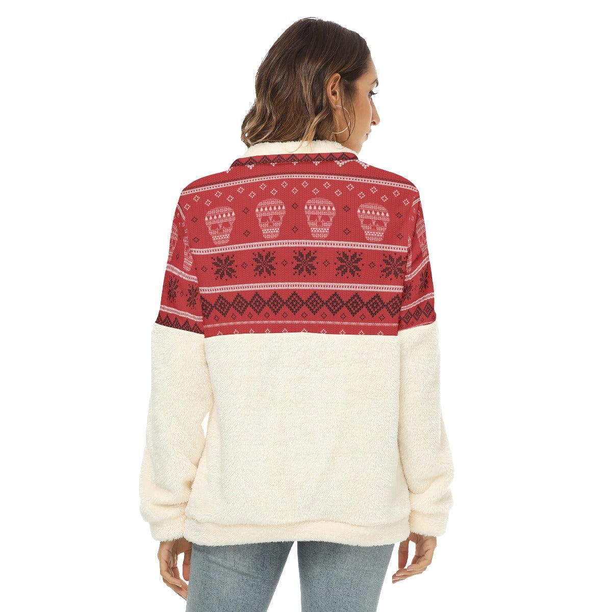 Snowflake Skull Ugly Borg Fleece Sweatshirt With Half Zip - Wonder Skull