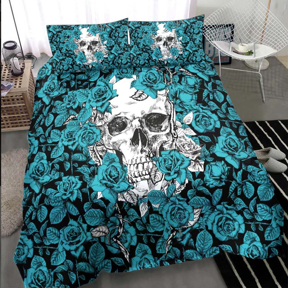 Strong Cyan Roses Skull Duvet Cover Set - Wonder Skull