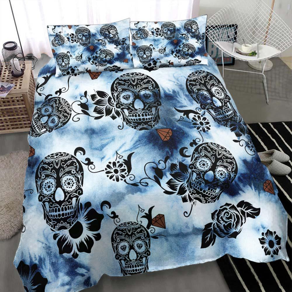 Tie Dye Dark Blue Luxury Sugar Skull Duvet Cover Set - Wonder Skull
