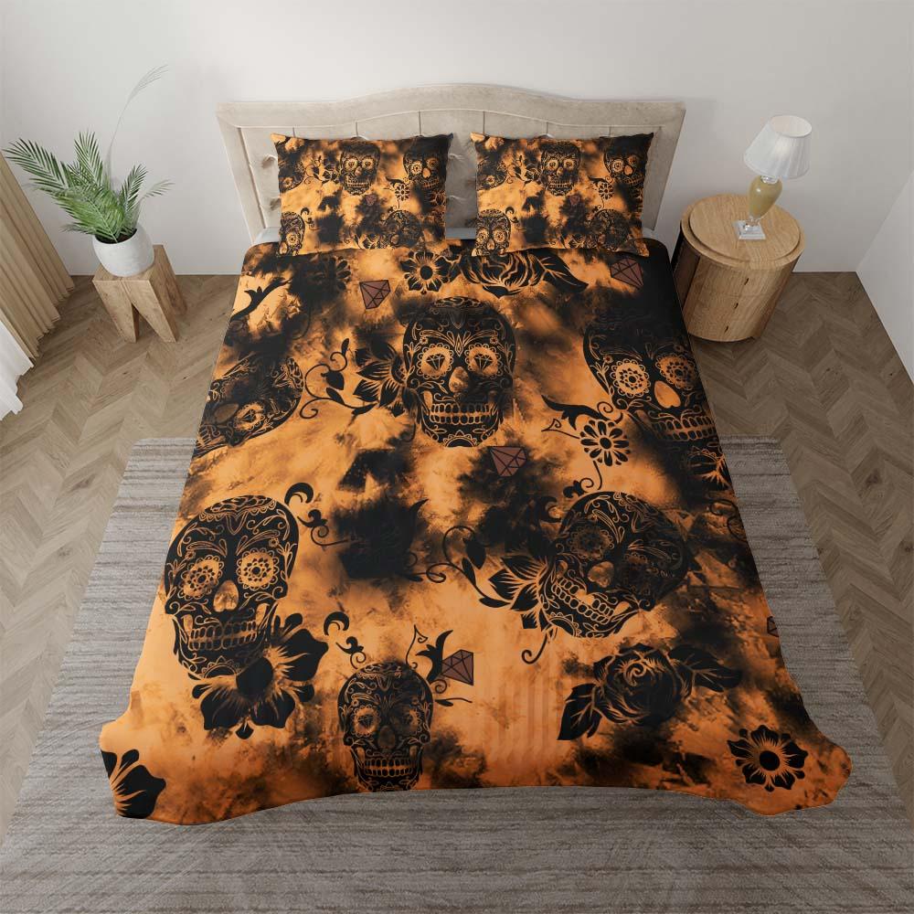 Tie Dye Dark Orange Luxury Sugar Skull Duvet Cover Set - Wonder Skull