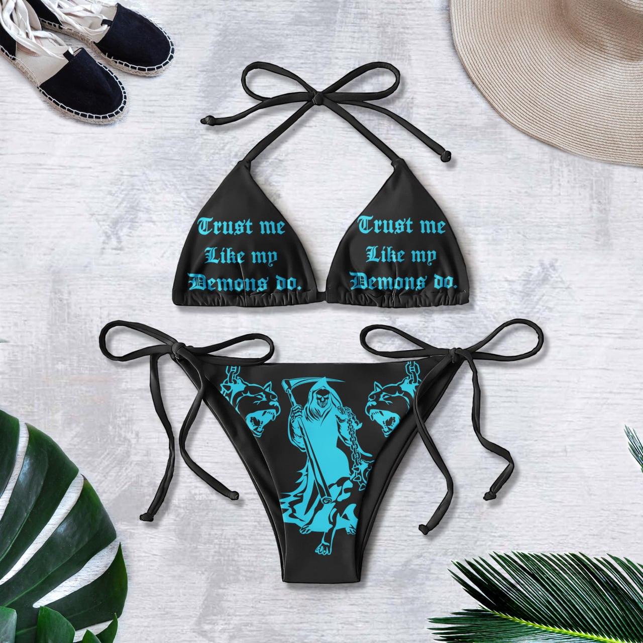Trust Me Like My Demons Do, Goth String Triangle Bikini - Wonder Skull