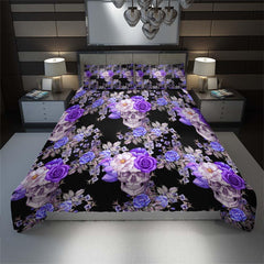 Violet Floral Skull Pattern Duvet Cover Set - Wonder Skull