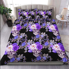 Violet Floral Skull Pattern Duvet Cover Set - Wonder Skull