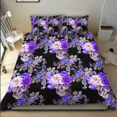 Violet Floral Skull Pattern Duvet Cover Set - Wonder Skull