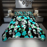Vivid Cyan Rose Skull Pattern Duvet Cover Set - Wonder Skull
