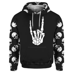 Rock And Roll Hand Skull Symbol All Over Print Unisex Pullover Hoodie, Cool Long Sleeves Outwear - Wonder Skull