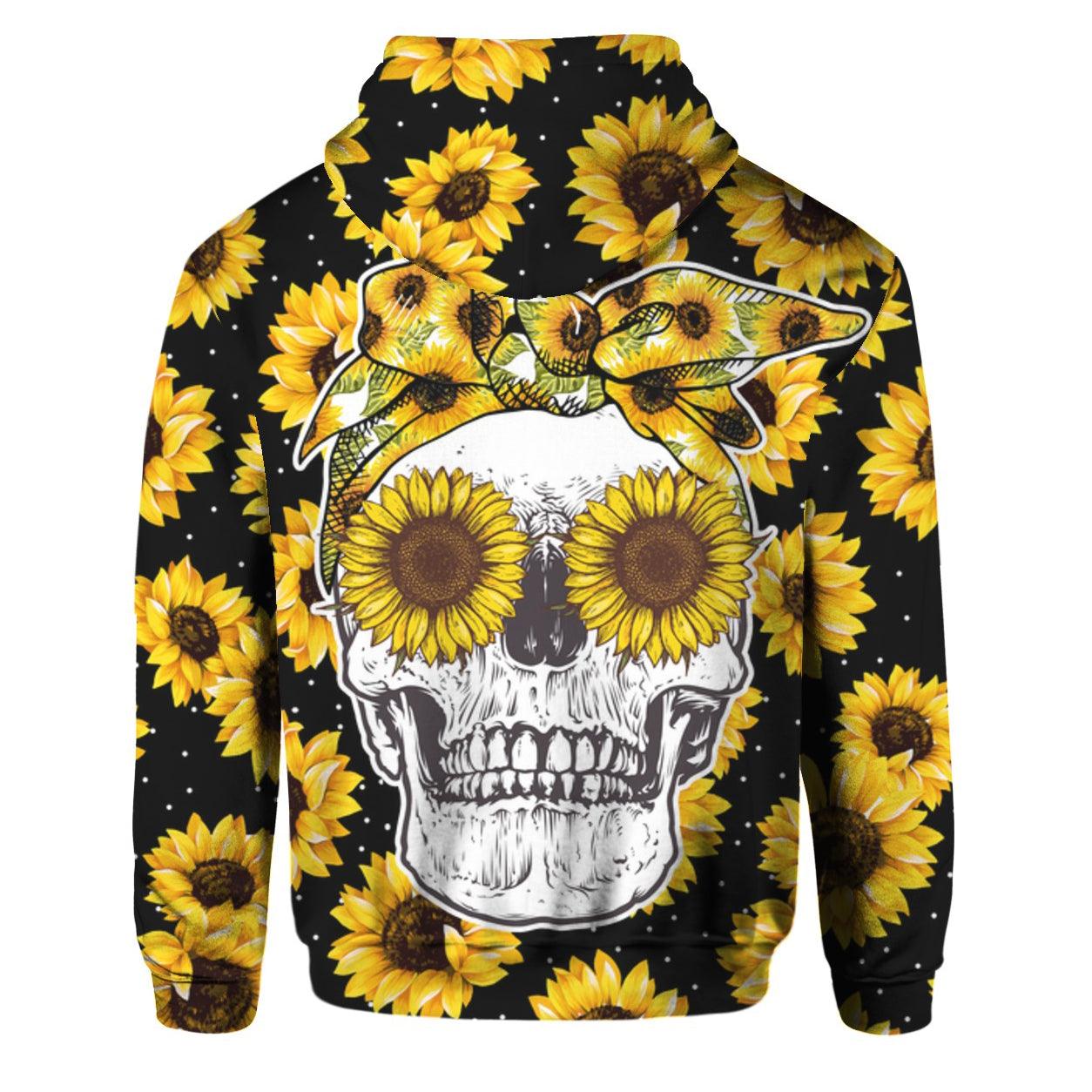 Sunflower Skull Head All Over Print Unisex Pullover Hoodie, Stunning Black Yellow Patter Daily Wear - Wonder Skull