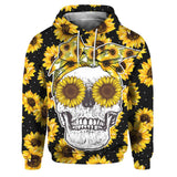Sunflower Skull Head All Over Print Unisex Pullover Hoodie, Stunning Black Yellow Patter Daily Wear - Wonder Skull